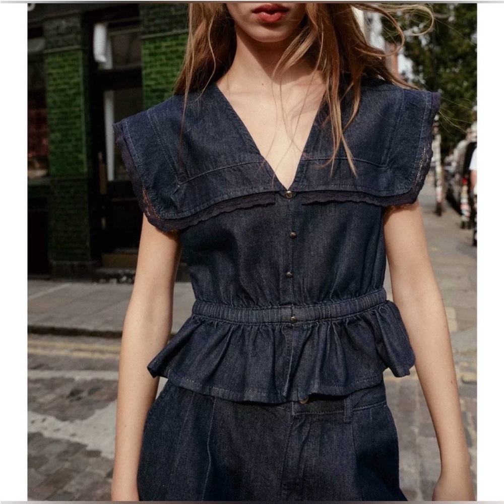 Zara Denim Peplum Button-Front Top